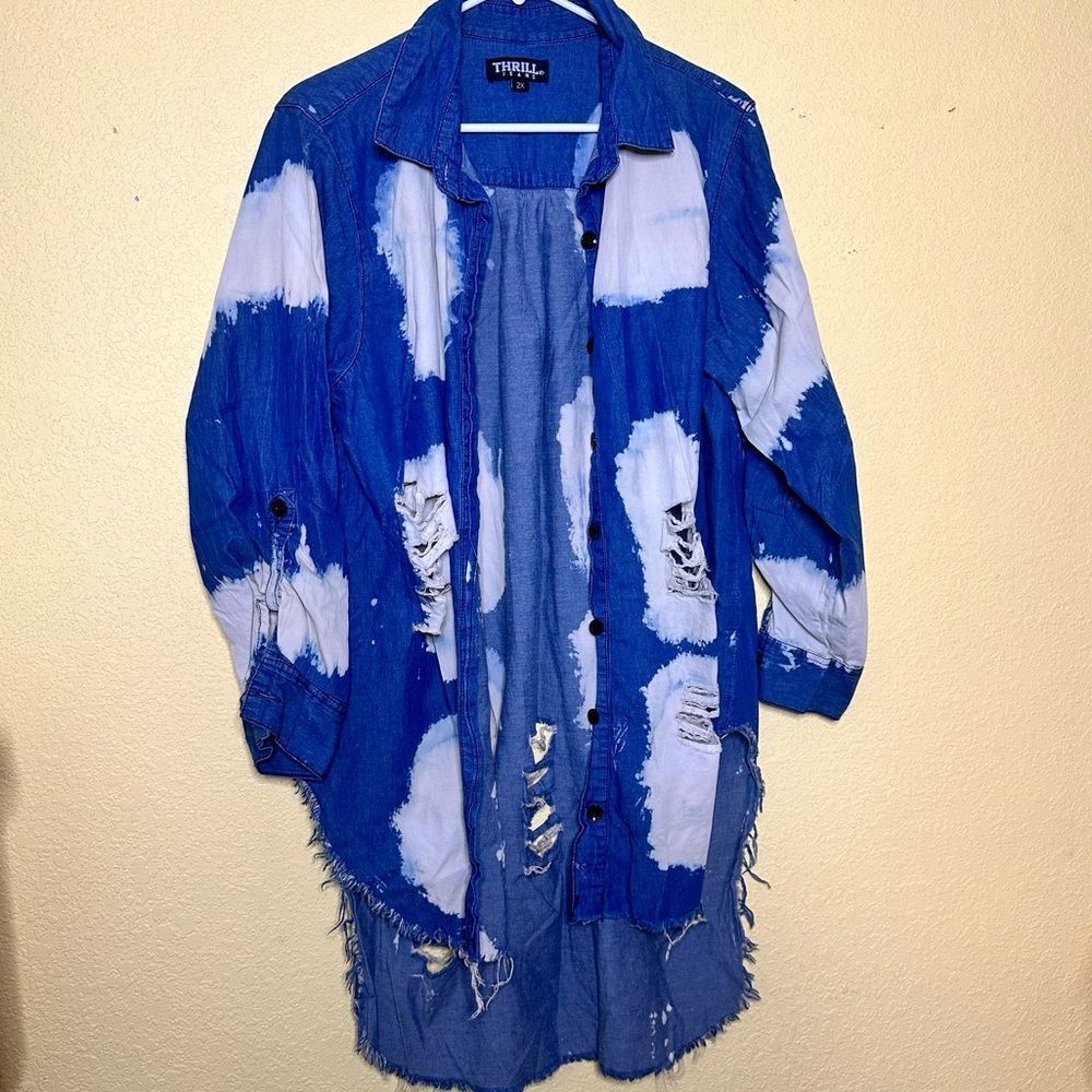 Ripped Oversized Denim Bleach Wash Shirt Women Size 2X